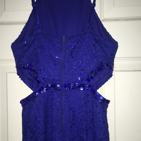 Long Blue Lace Prom Dress - Picture 5 of 7